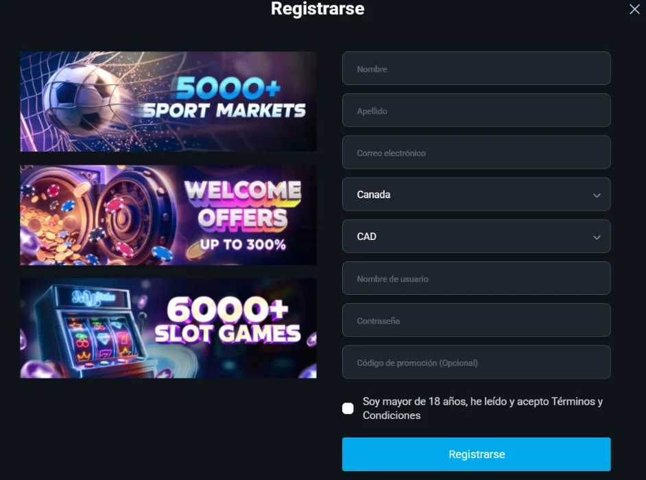 Mystake Casino con formulario de registro, más de 5000 mercados deportivos, ofertas de bienvenida y más de 6000 tragamonedas