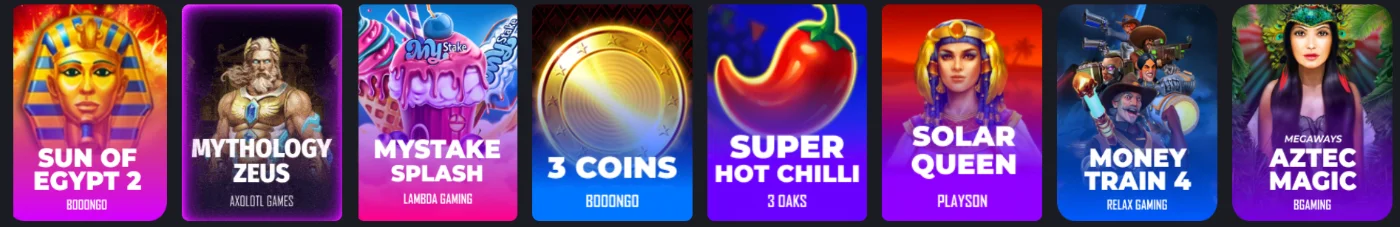 Mystake Casino con selección de tragamonedas como Sun of Egypt 2, Mythology Zeus, Mystake Splash, 3 Coins y Money Train 4
